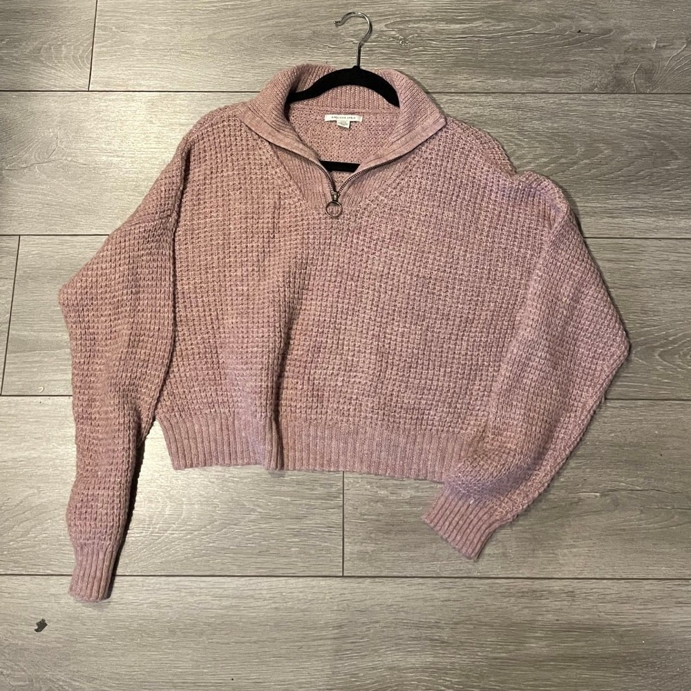 American Eagle Womens Pink Waffle Knit Quarter Zip Cropped Sweater Small